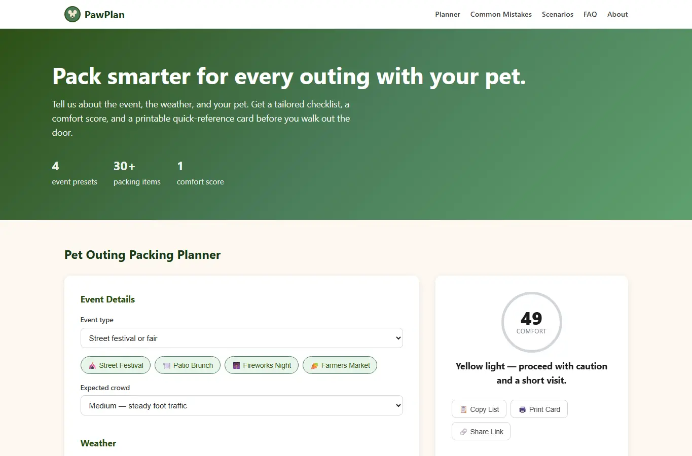 Screenshot of PawPlan: Pet-Friendly Outing Packing Audit interface showing the project page in use